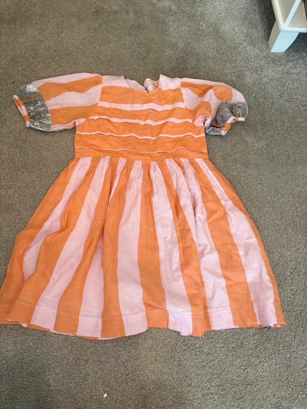 Pink Chicken Orange and Pink Striped Puff Sleeve Dress